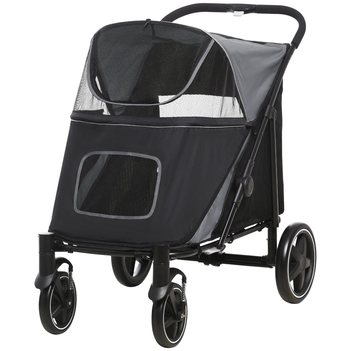 Black and gray pet stroller on a white background