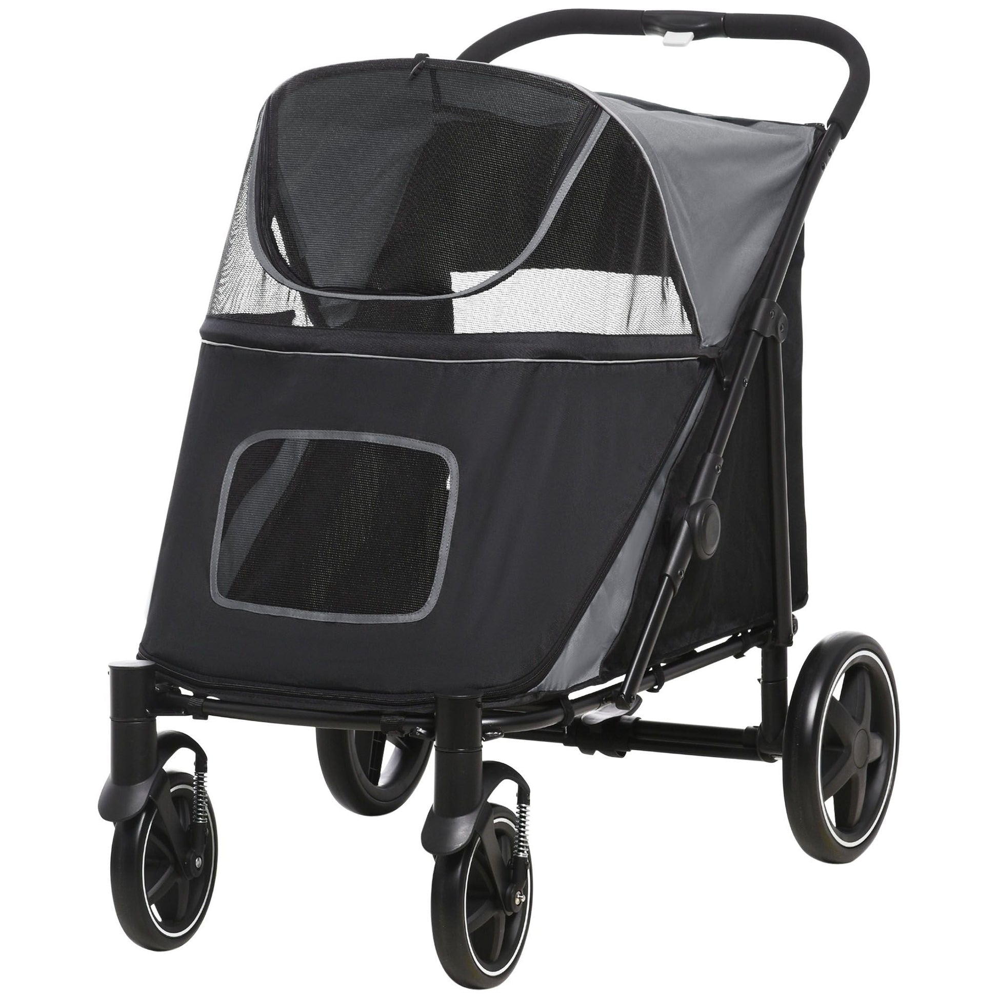 Black and gray pet stroller on a white background