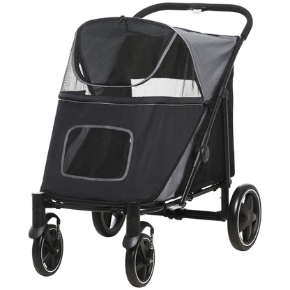 Black and gray pet stroller on a white background