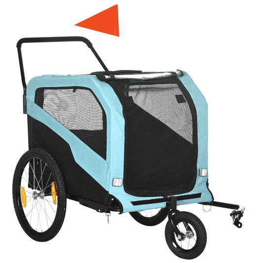 Pet stroller with a blue and black design on a white background