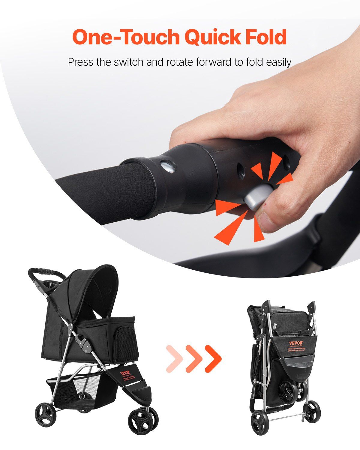 Stroller with one-touch quick fold feature, showing folding process and expanded view.