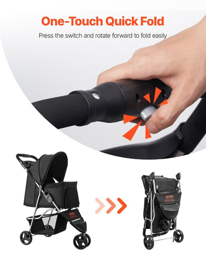 Stroller with one-touch quick fold feature, showing folding process and expanded view.