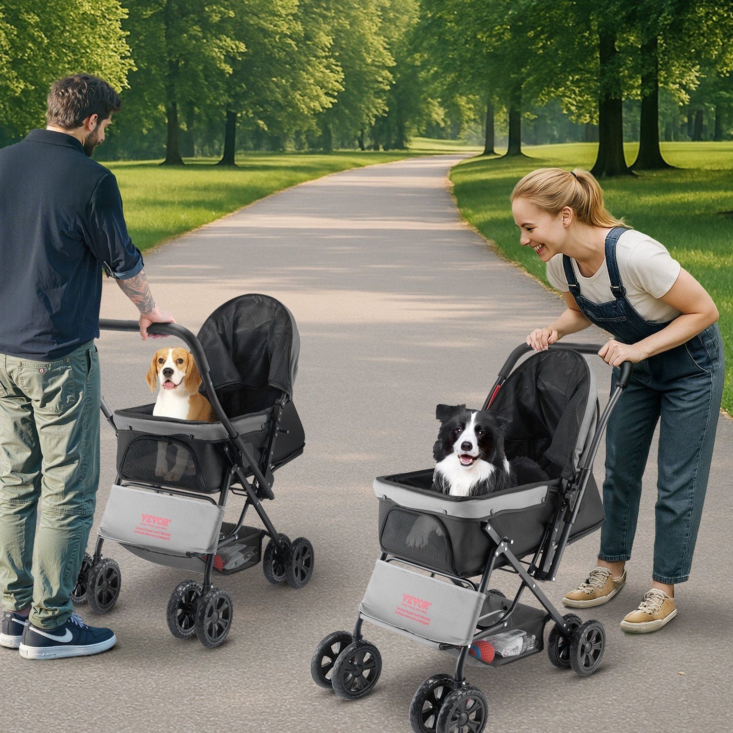 Two people pushing pet strollers with dogs in a park setting