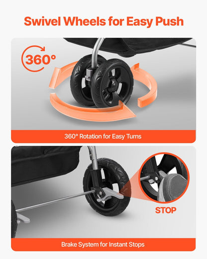 Advertisement for swivel wheels with 360-degree rotation and brake system on a gray background.
