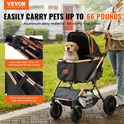 Vevor pet stroller with a dog inside, being pushed by a person on a sidewalk.