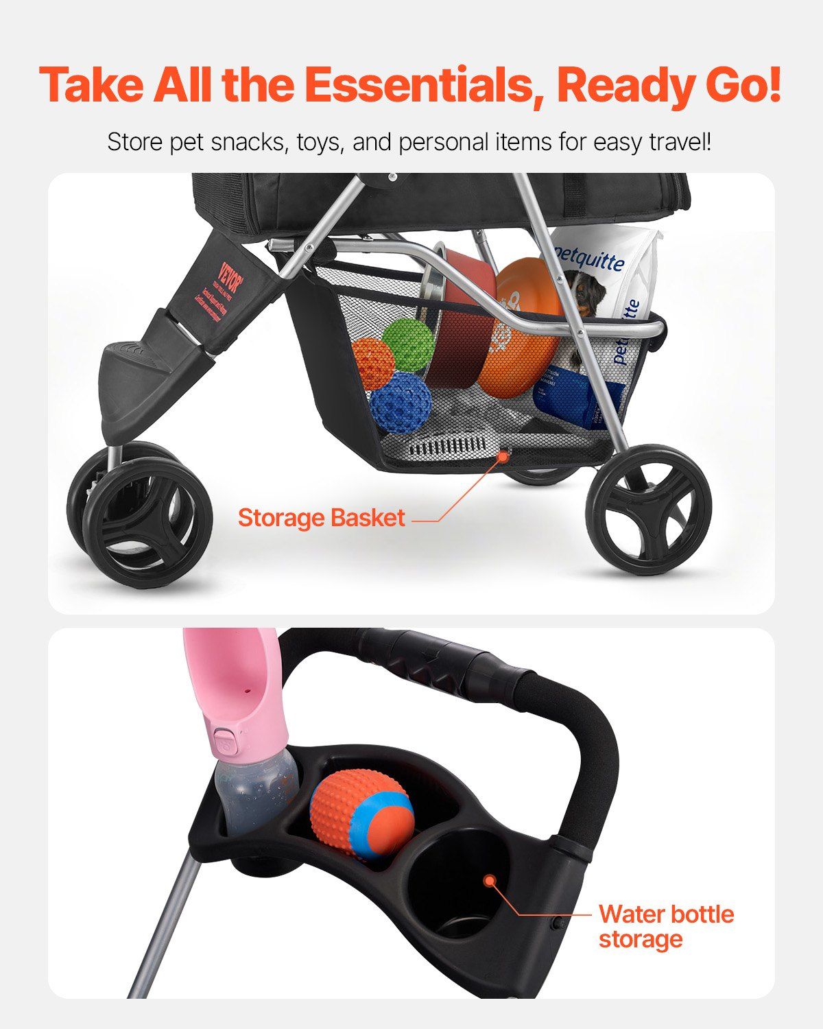 Pet stroller with storage basket and water bottle holder, featuring pet snacks, toys, and personal items.