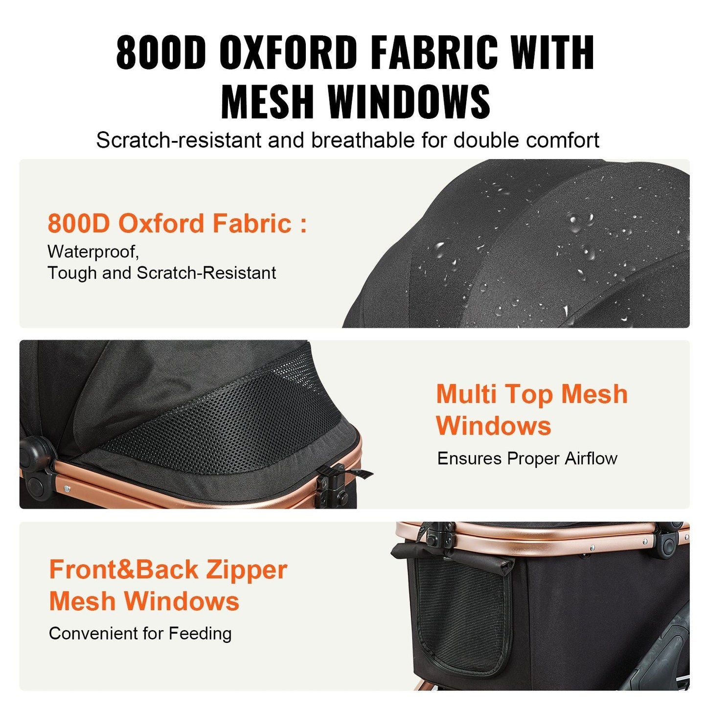 Product description of a stroller with 800D Oxford fabric and mesh windows, featuring scratch-resistant and breathable properties.