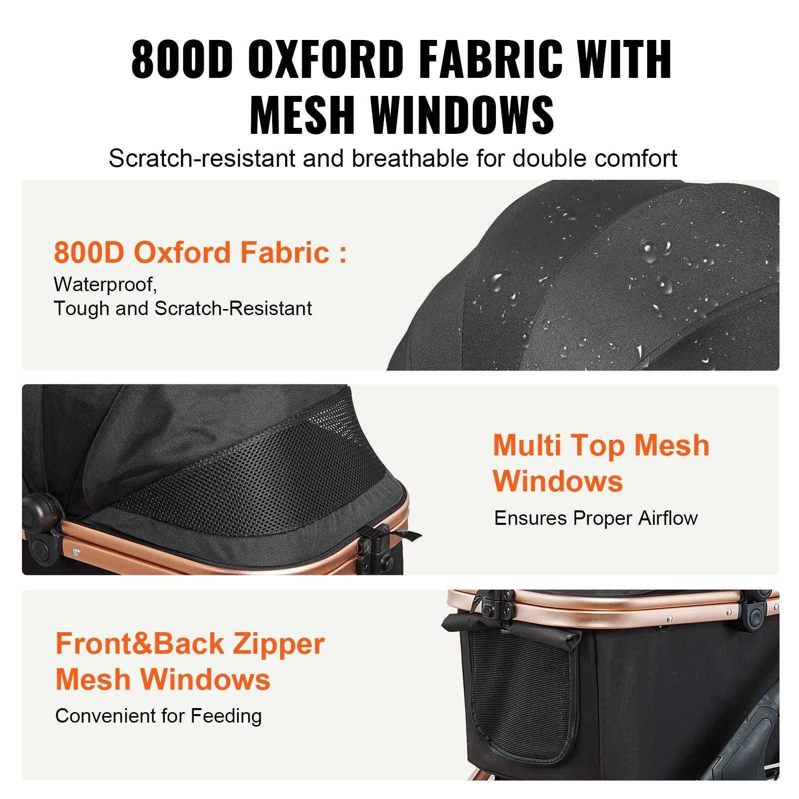 Product description of a stroller with 800D Oxford fabric and mesh windows, featuring scratch-resistant and breathable properties.