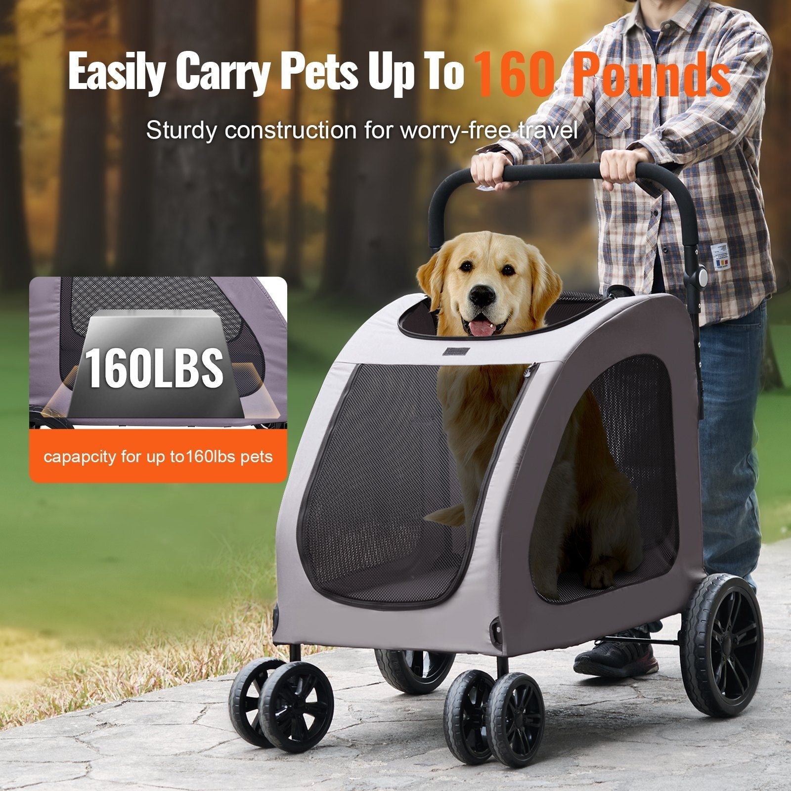 Pet stroller with a dog inside, being pushed by a person, with text highlighting weight capacity.