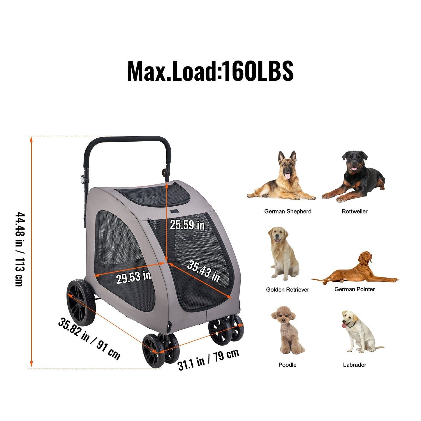 Pet stroller with dimensions and maximum load capacity, accompanied by images of various dogs.