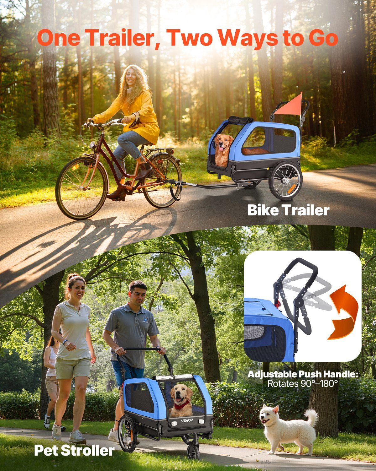 Bike trailer and pet stroller with people using them outdoors.