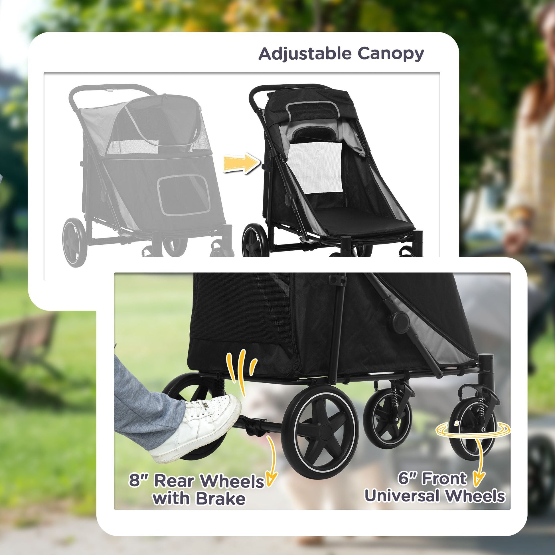 Stroller with adjustable canopy, 8-inch rear wheels with brake, and 6-inch front universal wheels in a park setting.