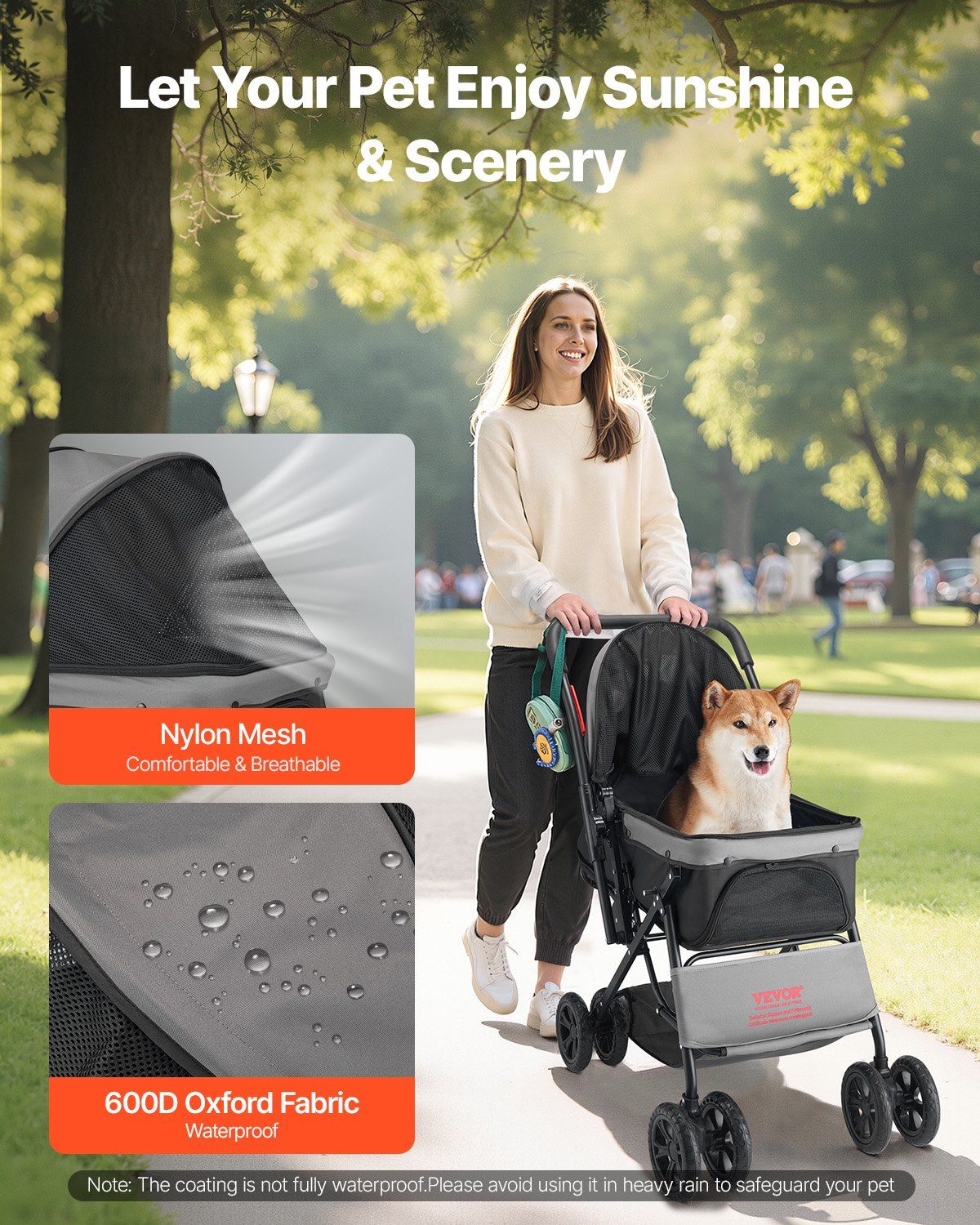 Woman pushing a pet stroller with a dog in a park, highlighting stroller features.