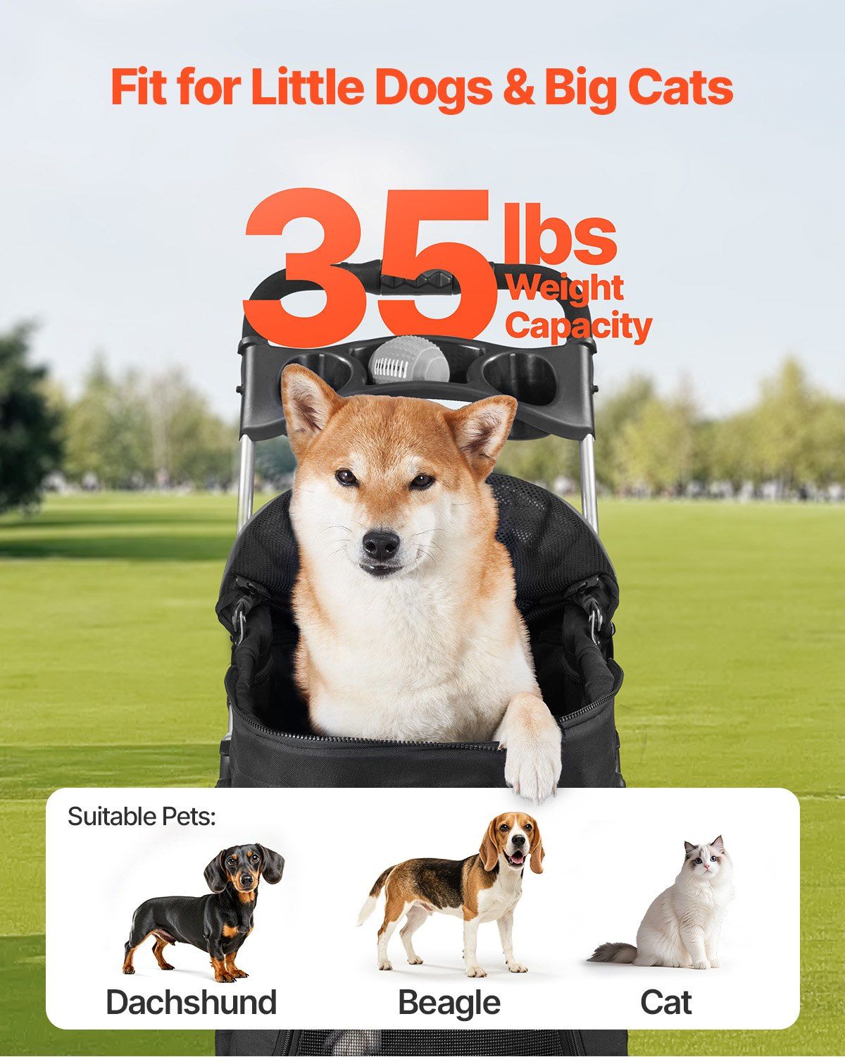 Dog in a carrier with text indicating weight capacity and suitable pets.