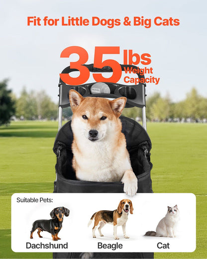 Dog in a carrier with text indicating weight capacity and suitable pets.