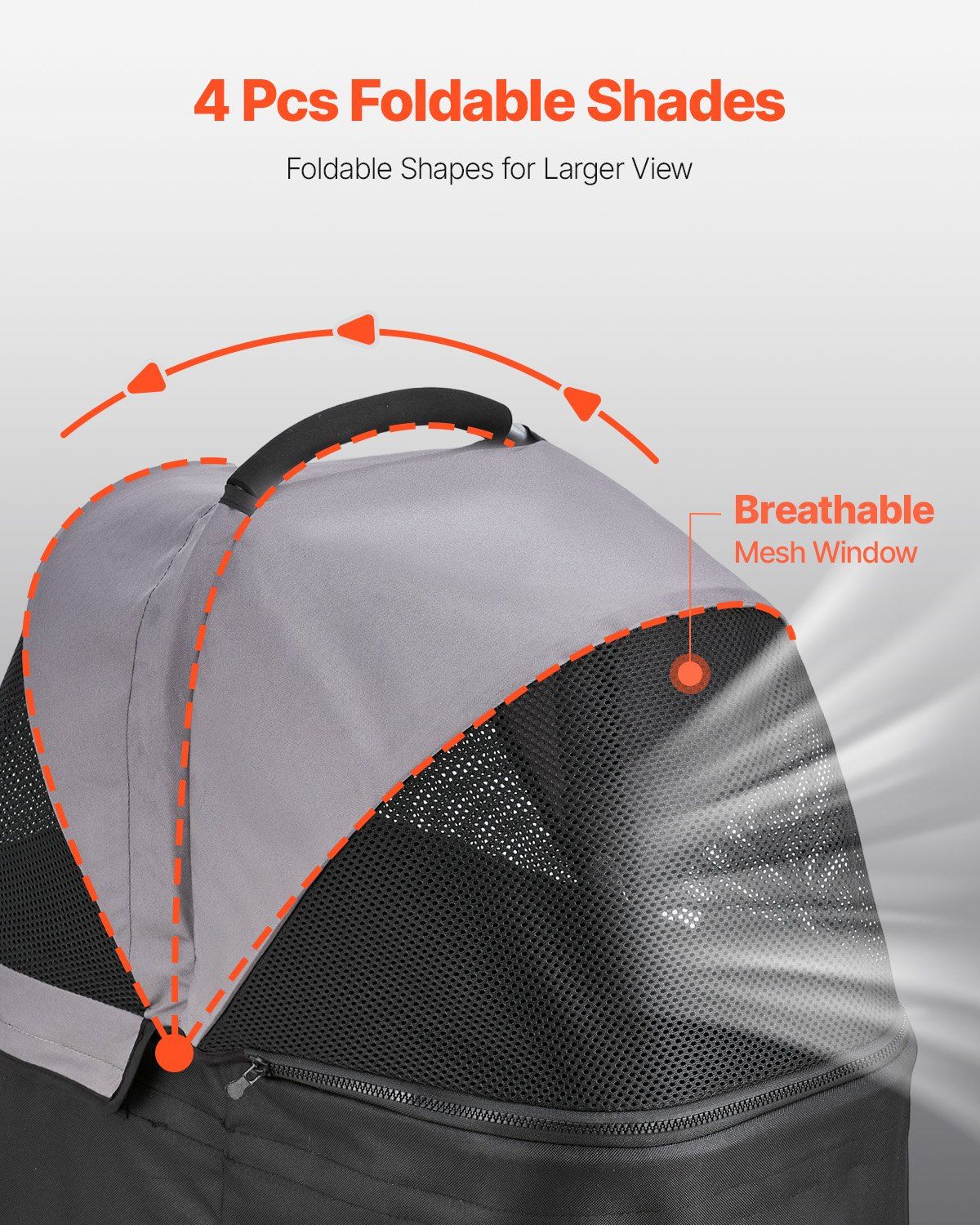 Gray pet carrier with foldable shades and breathable mesh window on a light gray background