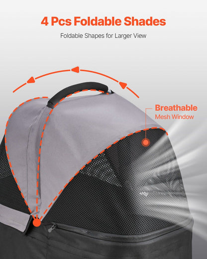 Gray pet carrier with foldable shades and breathable mesh window on a light gray background