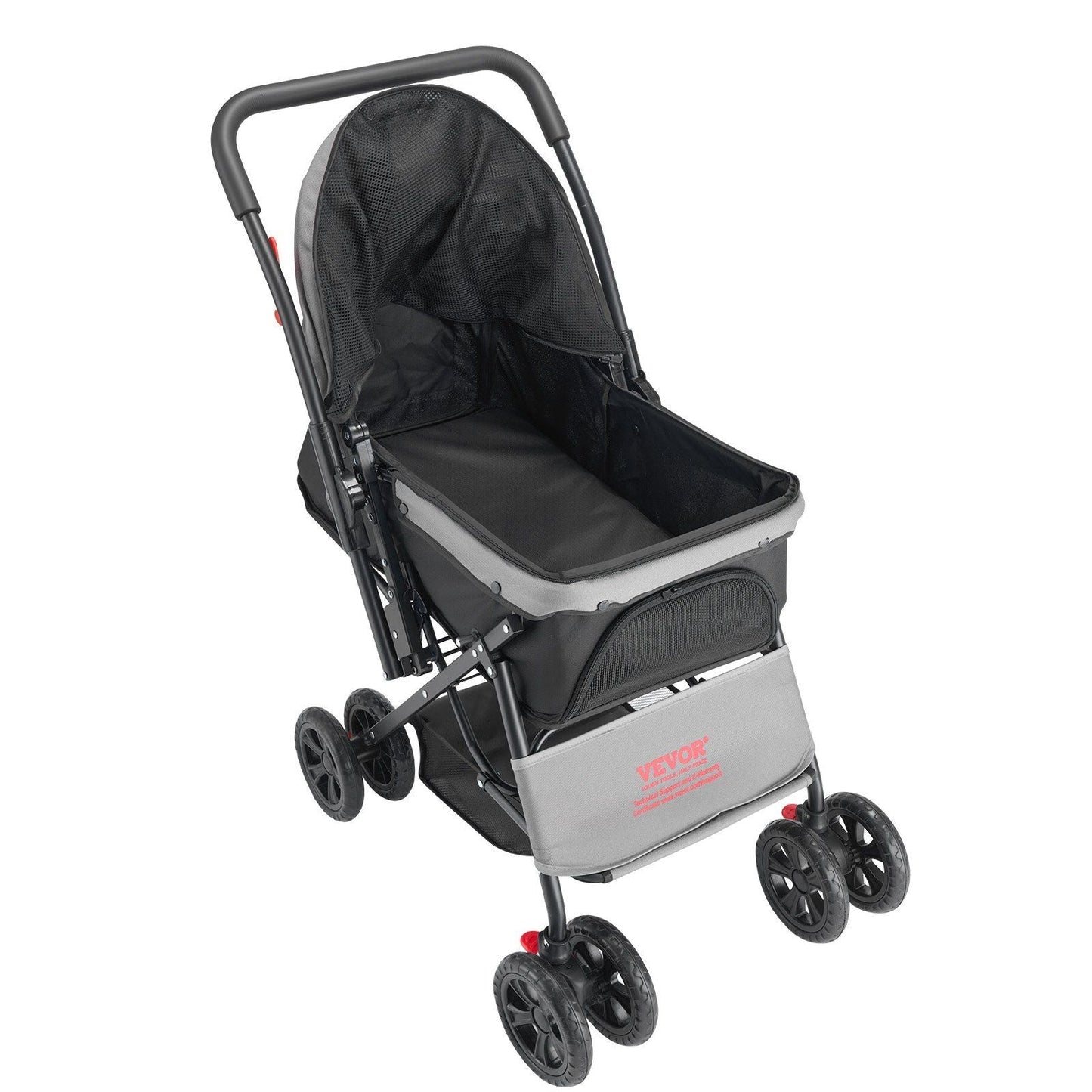 Gray and black stroller on a white background