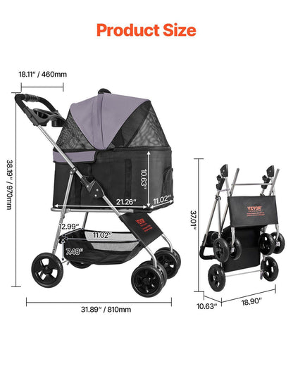 Pet stroller with dimensions labeled on a white background