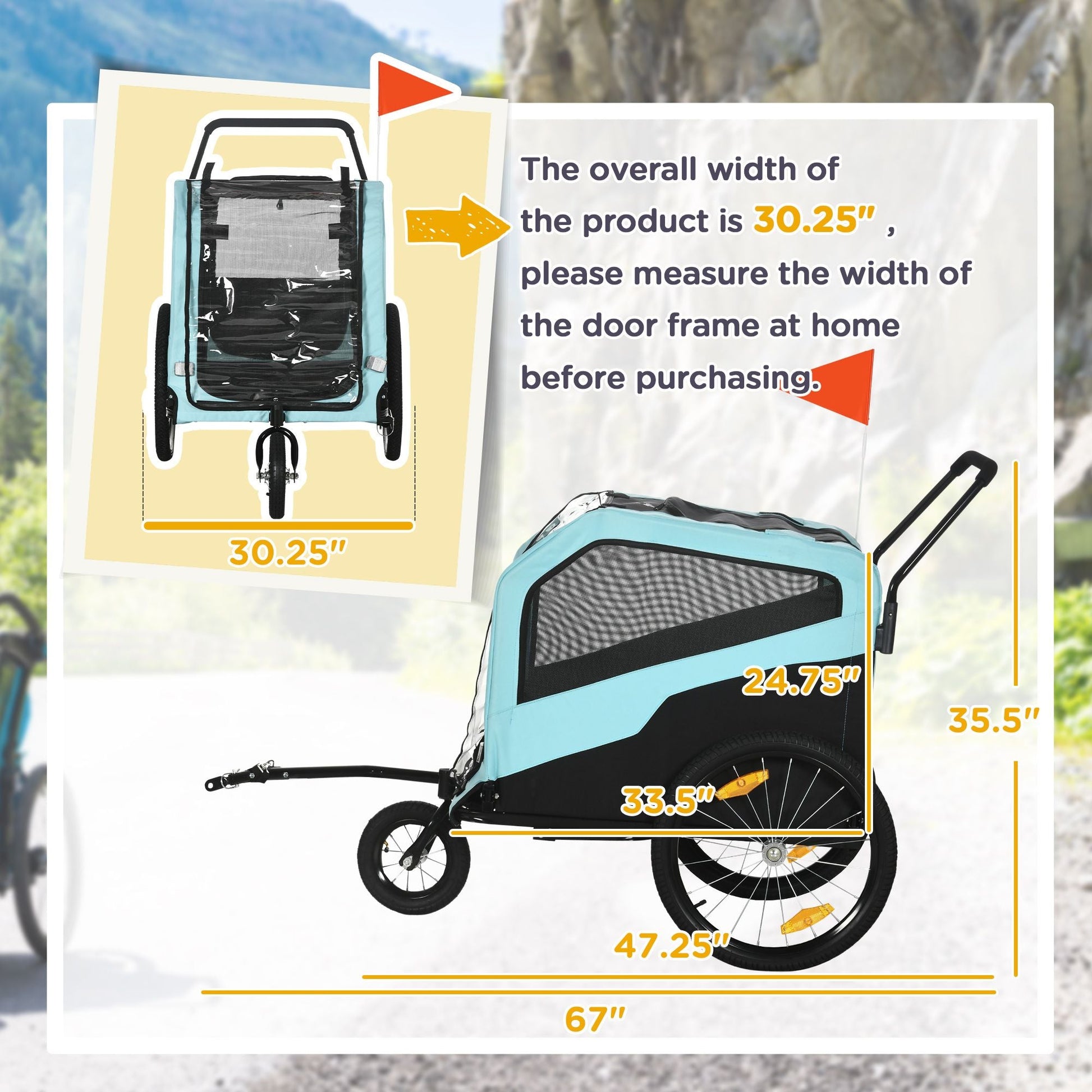 Measurement chart for a bicycle trailer with dimensions displayed.