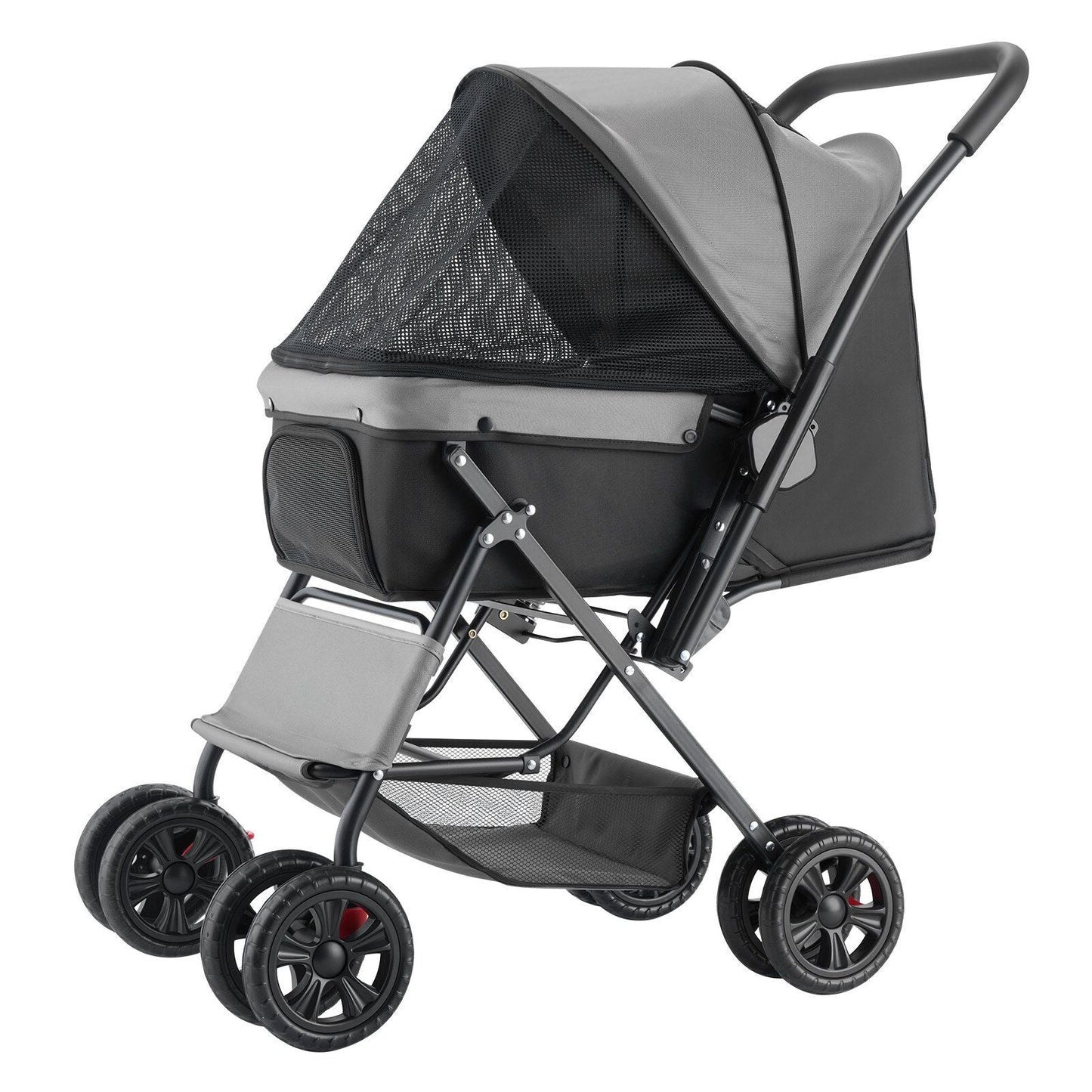 Pet stroller with a gray and black design on a white background