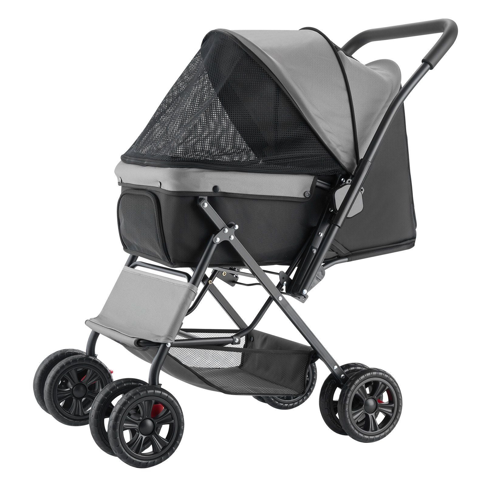 Pet stroller with a gray and black design on a white background