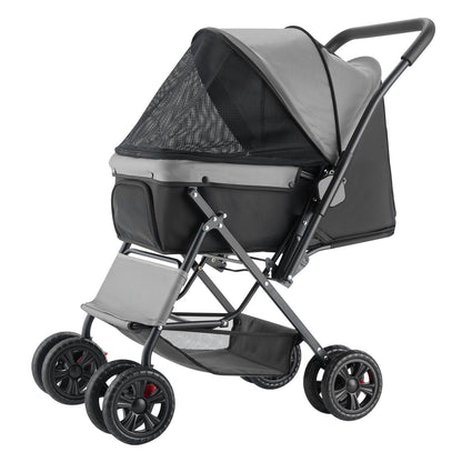 Pet stroller with a gray and black design on a white background