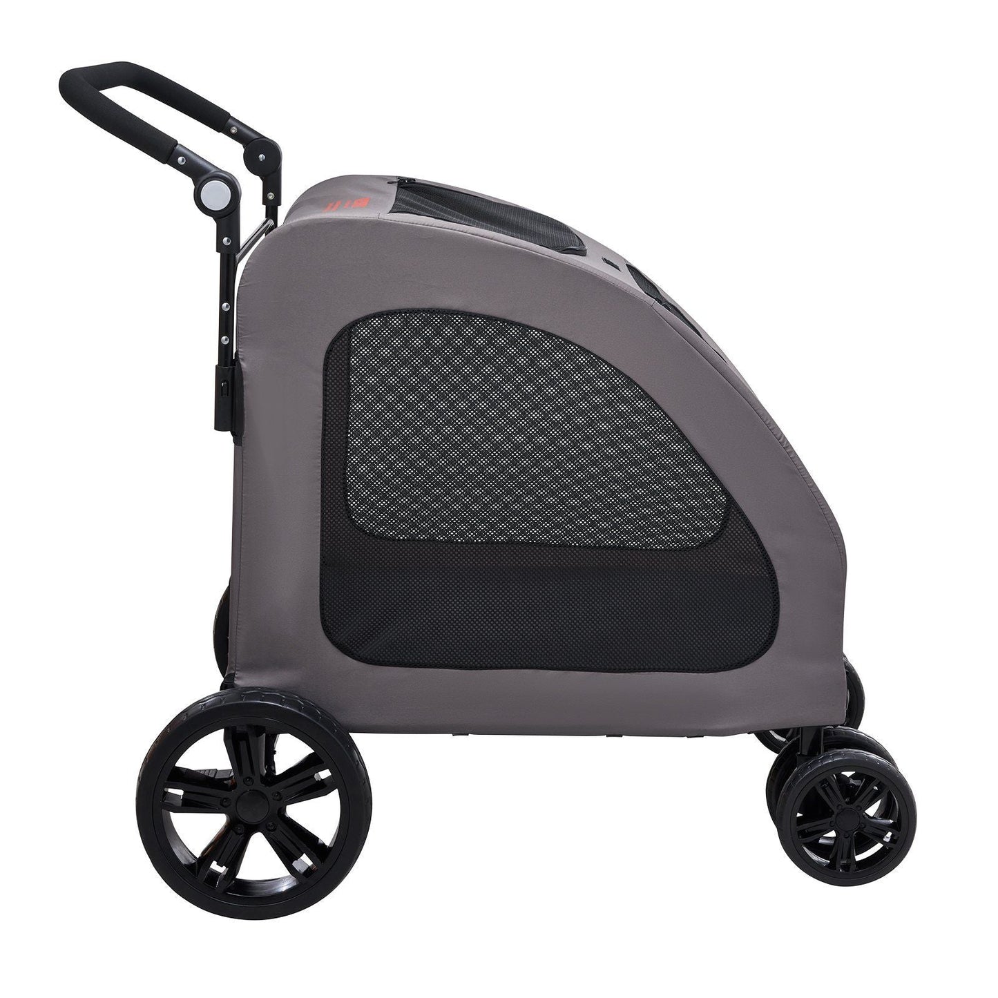 Gray pet stroller with mesh door on a white background