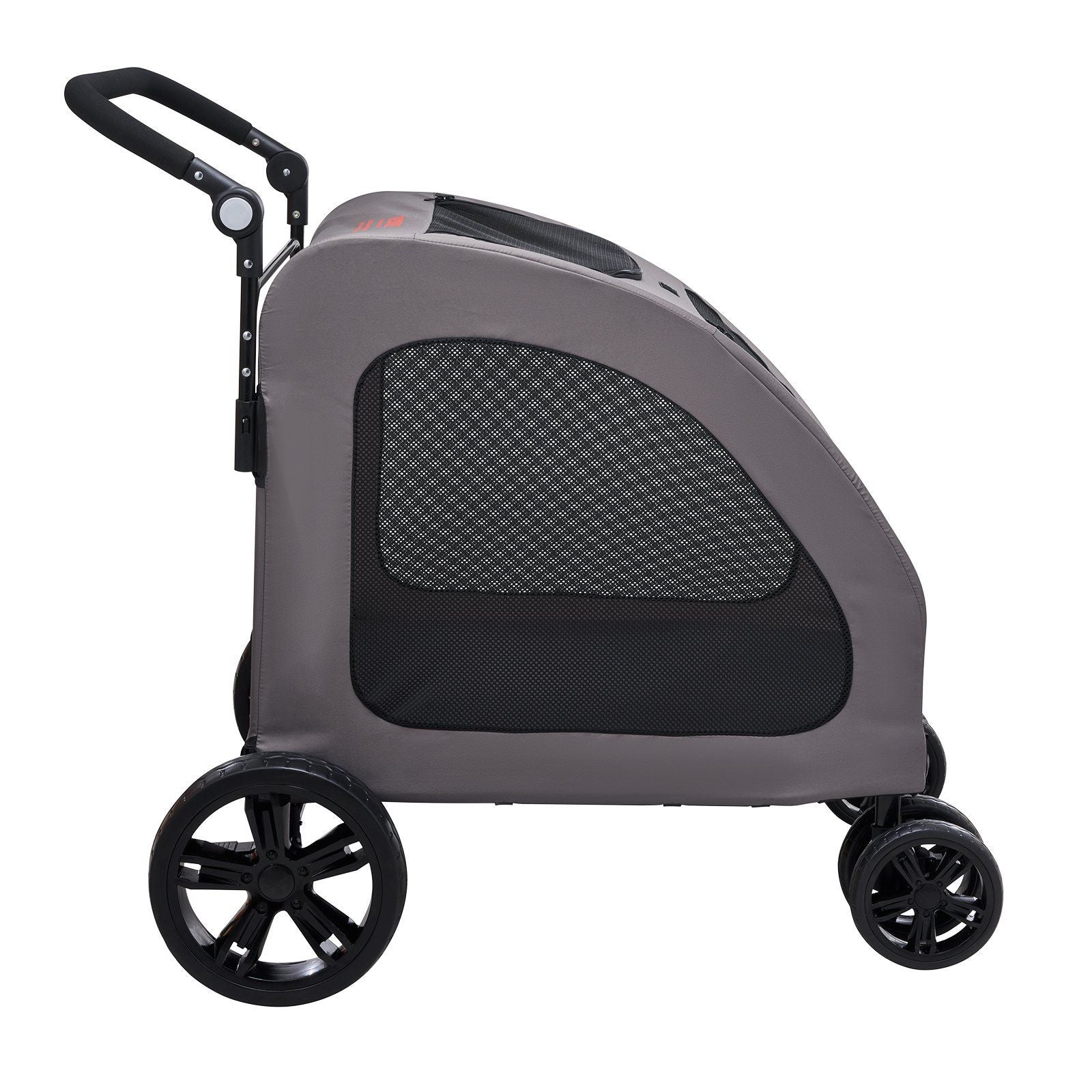 Gray pet stroller with mesh door on a white background
