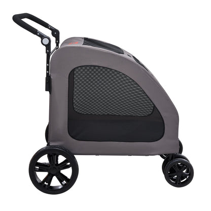 Gray pet stroller with mesh door on a white background
