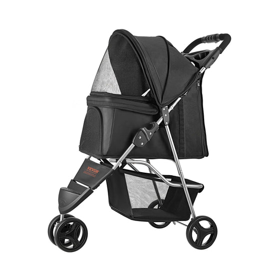 Black pet stroller with mesh sides on a white background