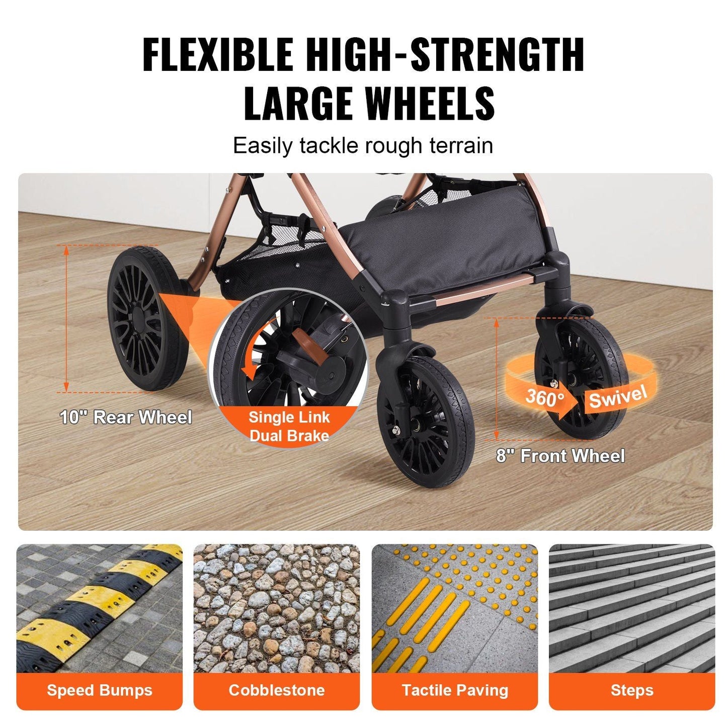 Stroller with large wheels on a wooden floor, highlighting features and durability on various terrains.