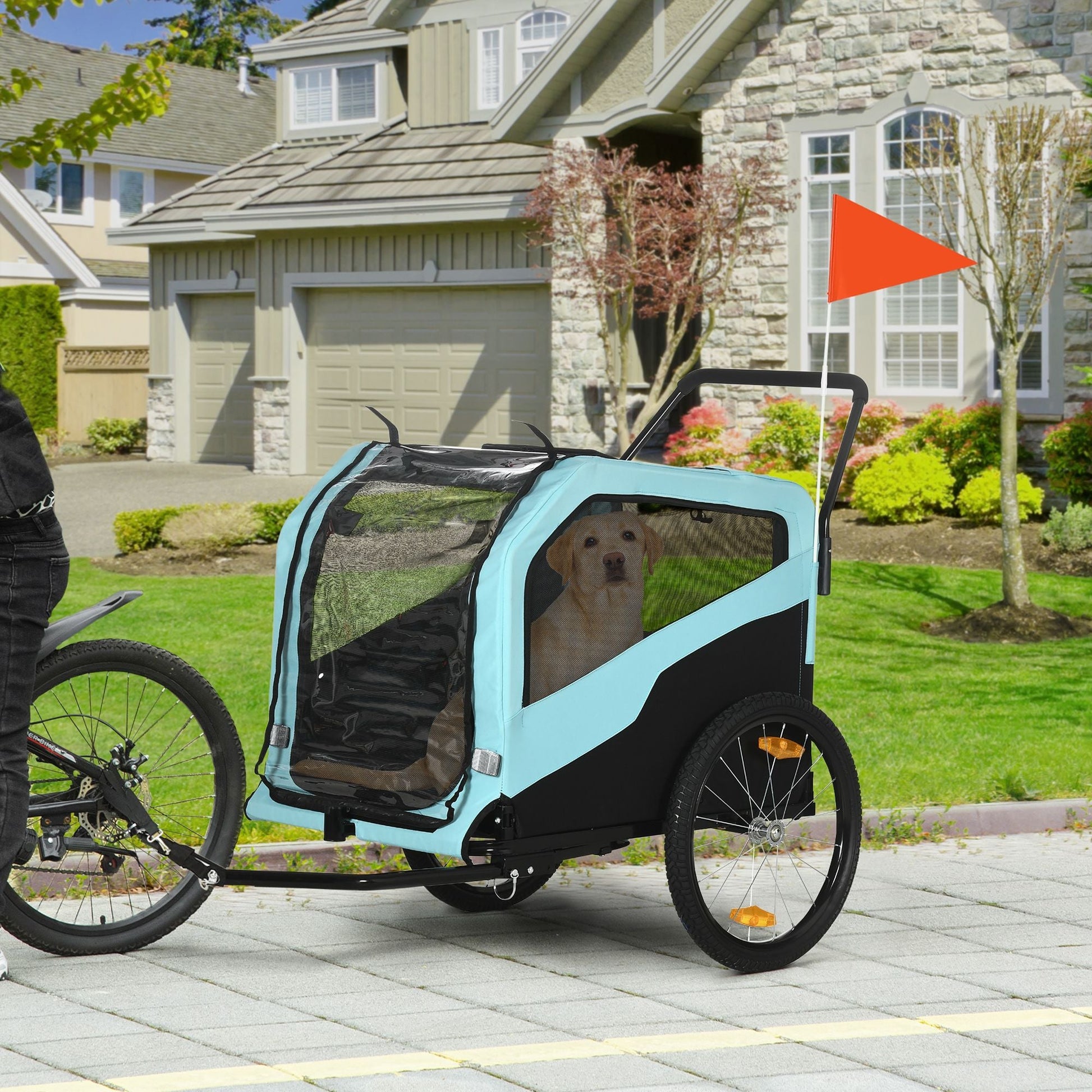 Bicycle trailer with a dog attached, parked on a sidewalk in a residential area.