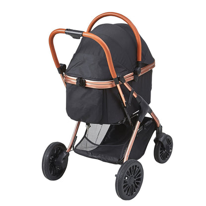 Black stroller with rose gold accents on a white background