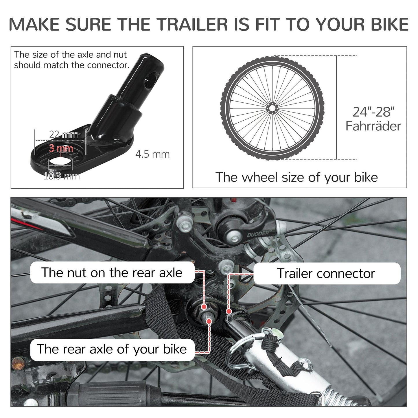 Diagram showing how to fit a bike trailer onto a bicycle, including measurements and components.