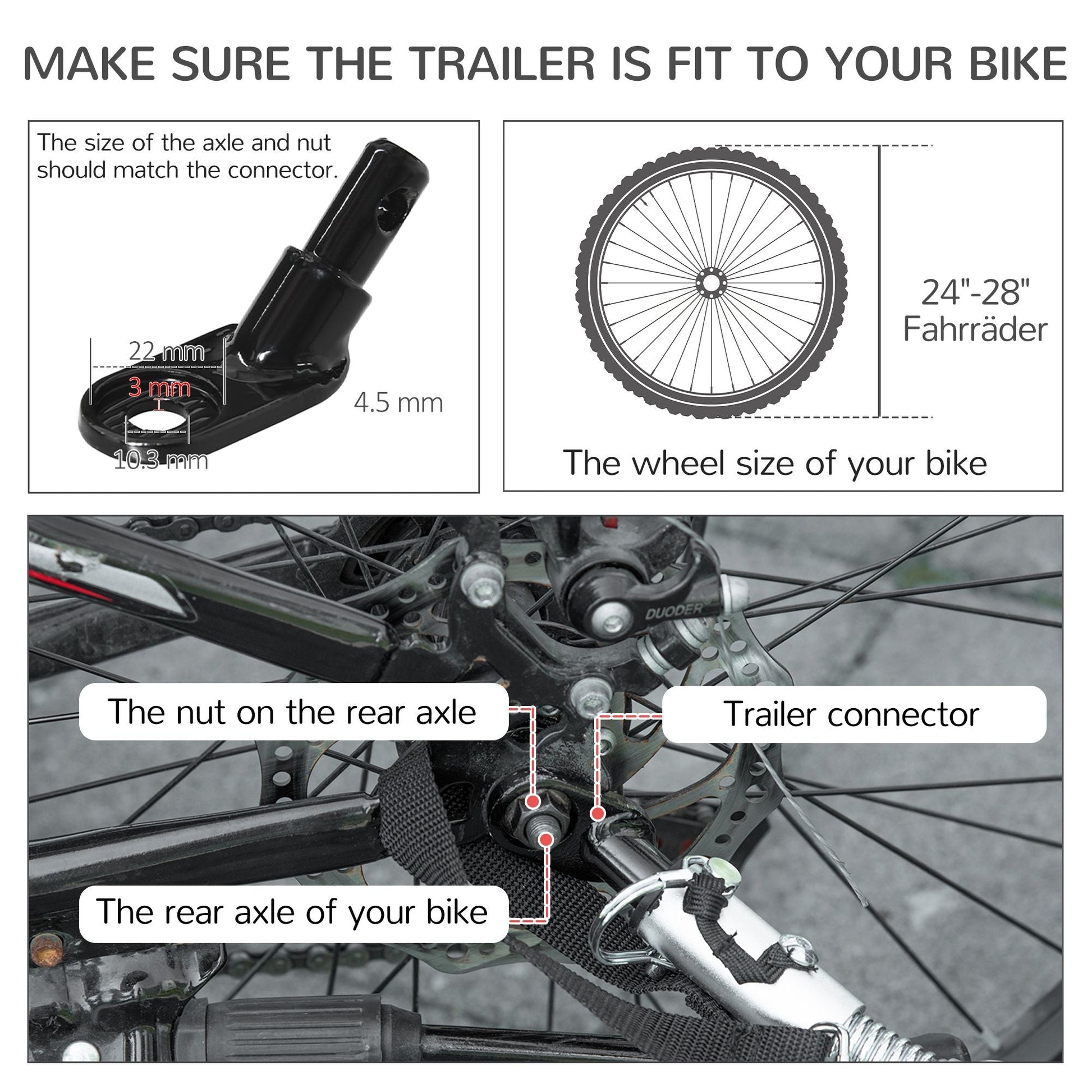 Diagram showing how to fit a bike trailer onto a bicycle, including measurements and components.