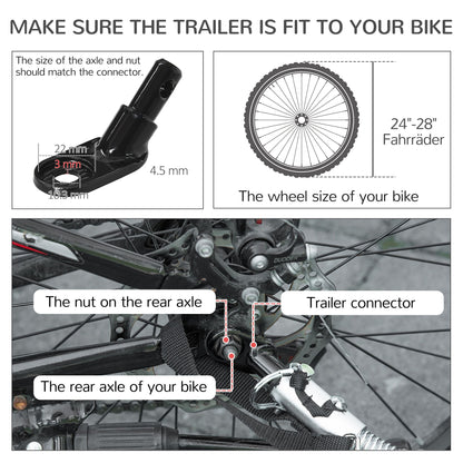 Diagram showing how to fit a bike trailer onto a bicycle, including measurements and components.