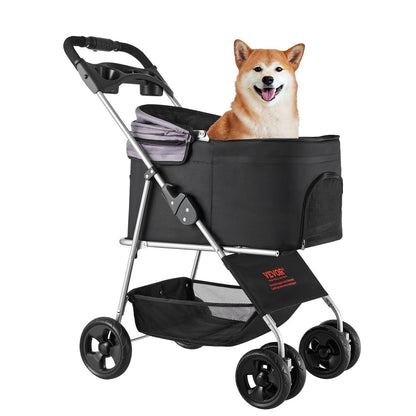 Black pet stroller with a dog inside on a white background