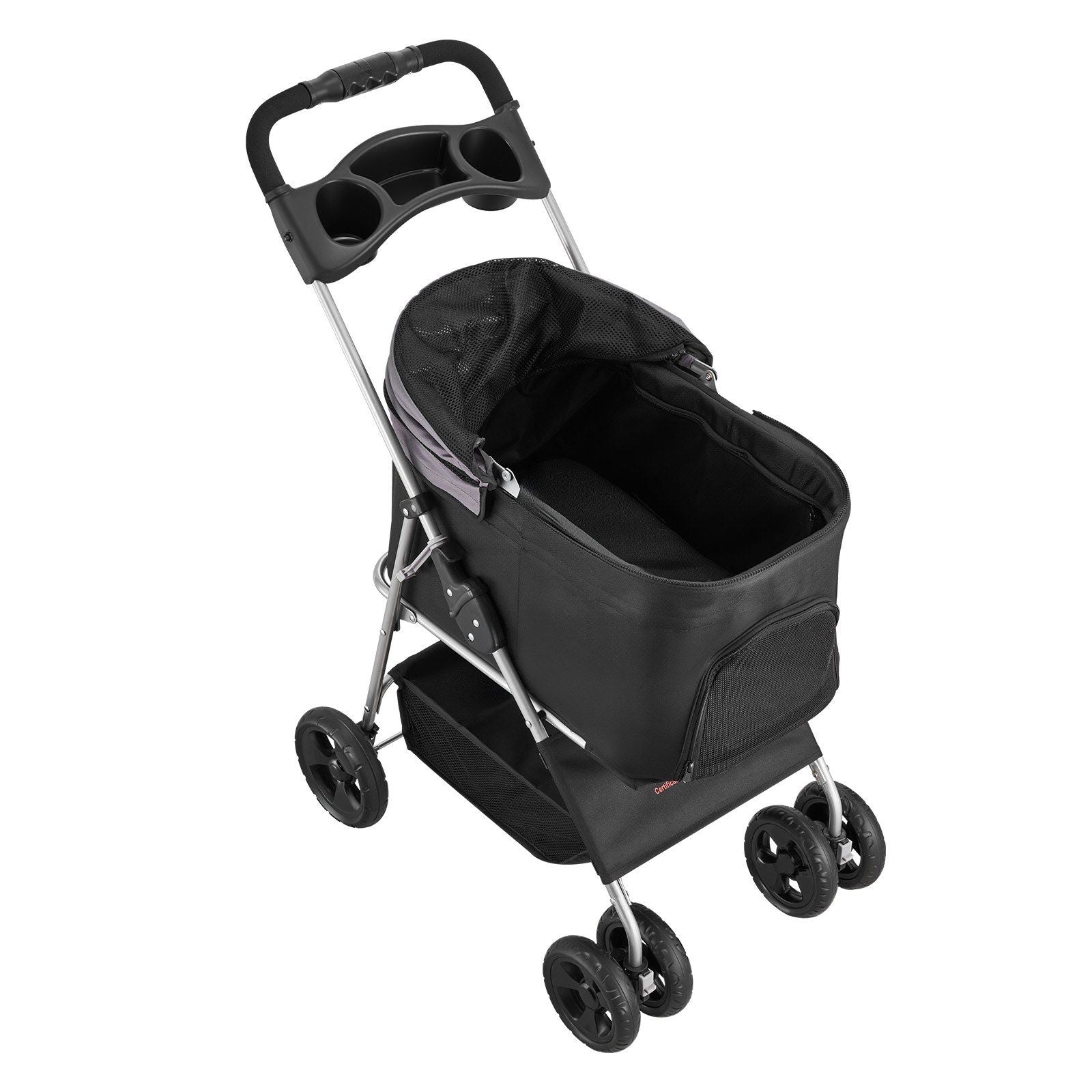Black pet stroller with wheels on a white background