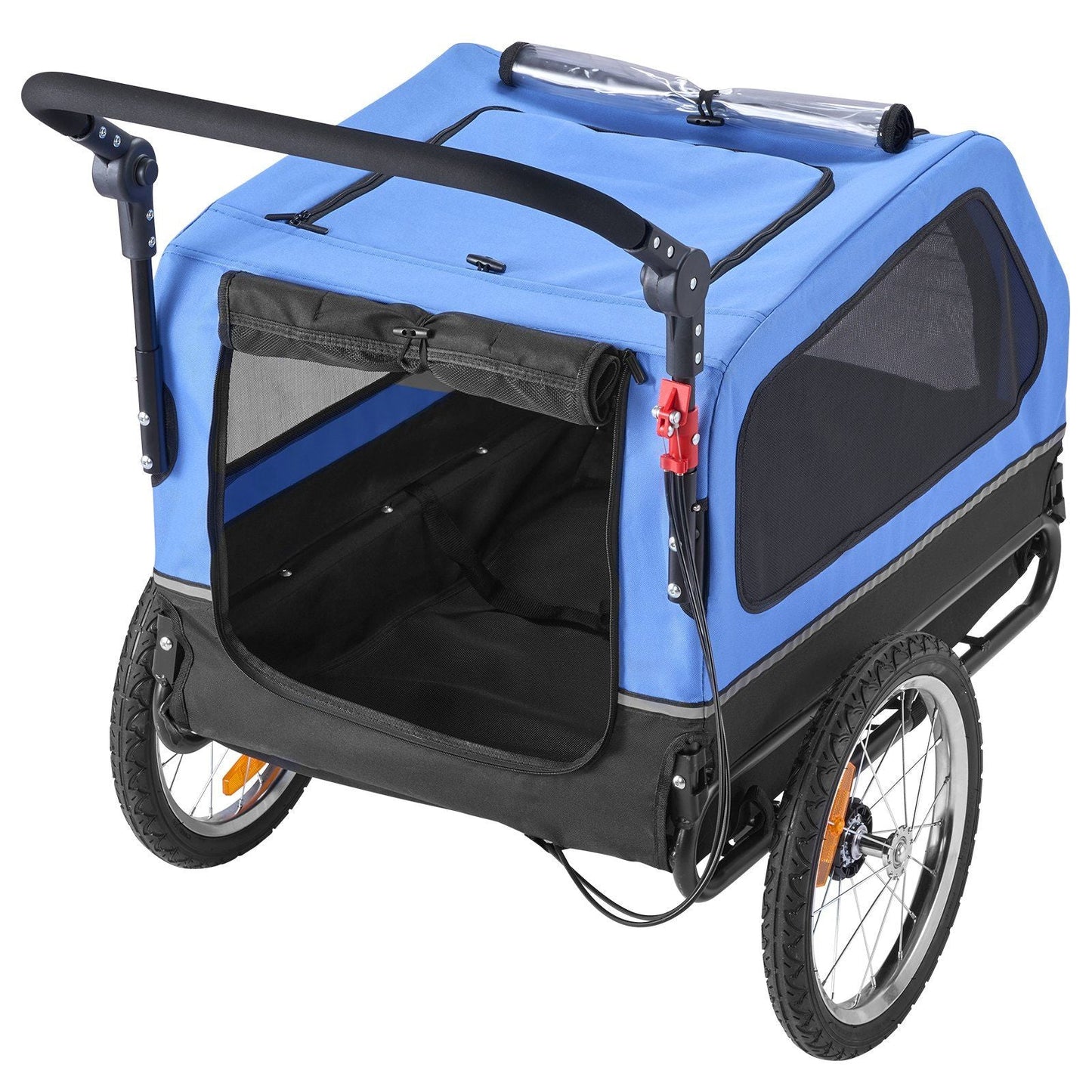Blue and black pet stroller on a white background