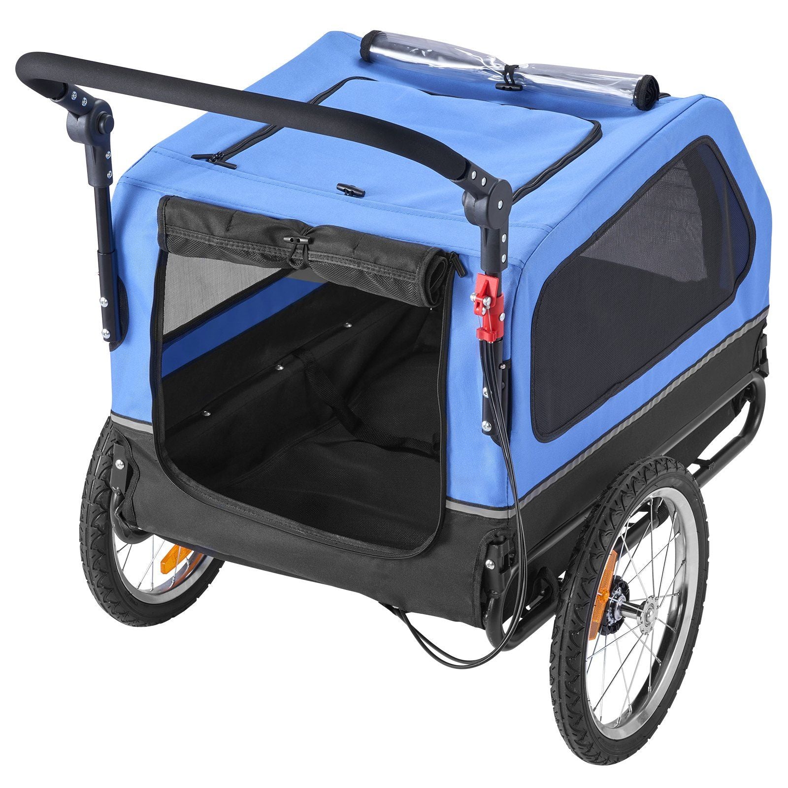 Blue and black pet stroller on a white background