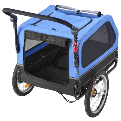 Blue and black pet stroller on a white background