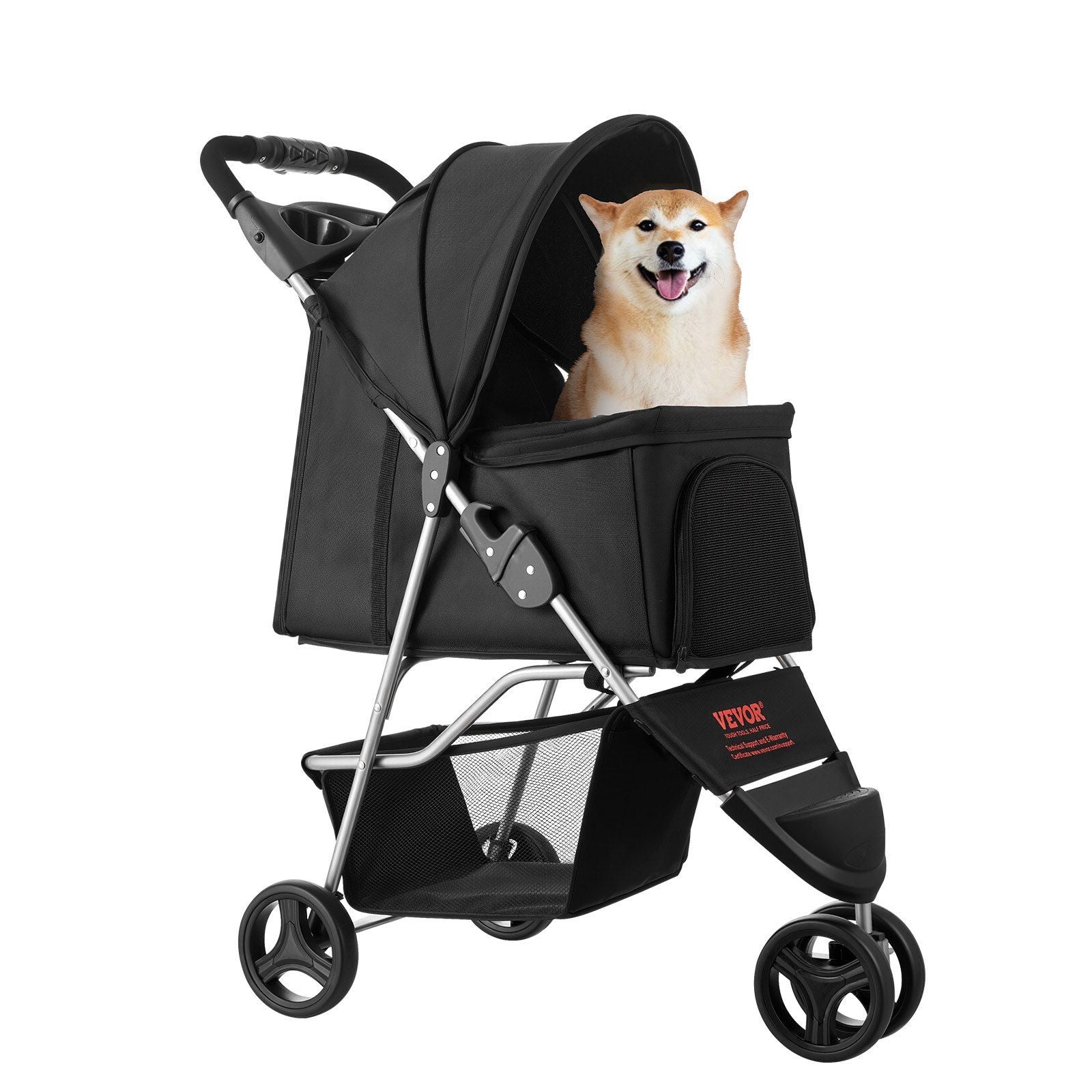 Black pet stroller with a dog inside on a white background