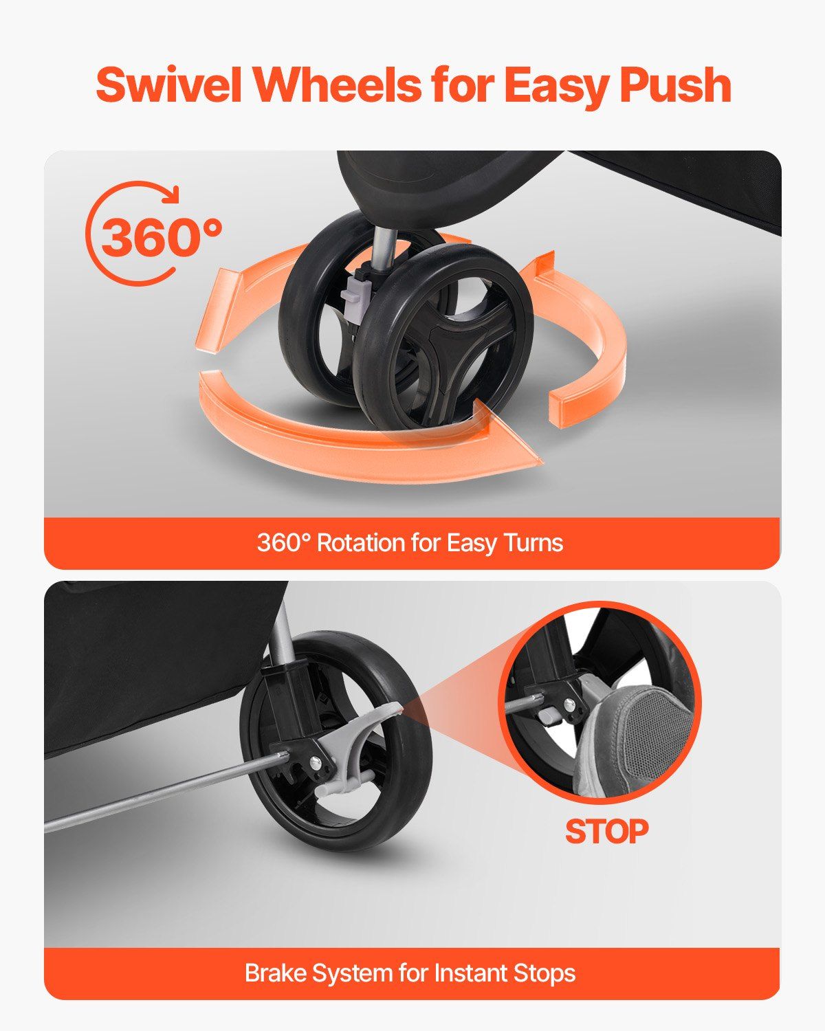 Illustration of swivel wheels with brake system for a product feature description.