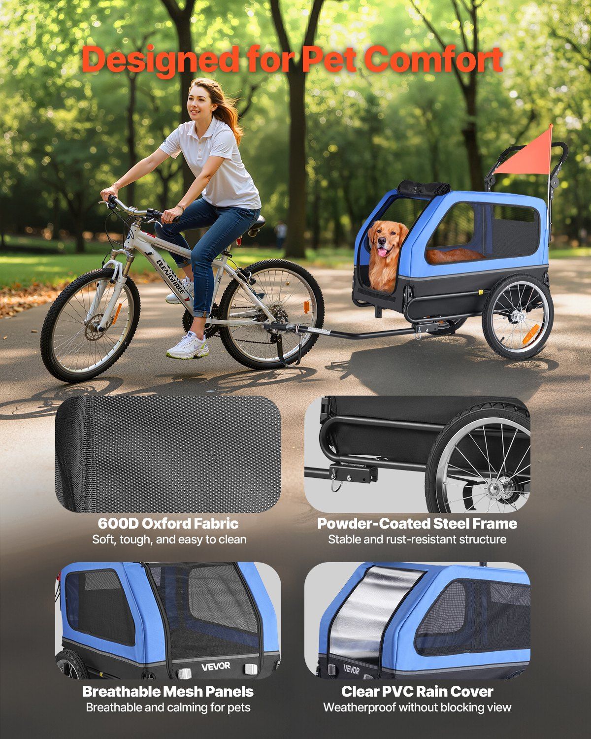 Woman riding a bike with a pet stroller, highlighting features like 600D Oxford fabric and powder-coated steel frame.