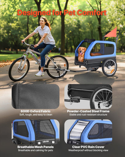 Woman riding a bike with a pet stroller, highlighting features like 600D Oxford fabric and powder-coated steel frame.