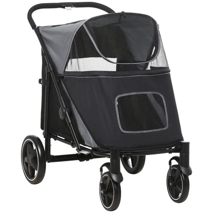 Black pet stroller with gray interior on a white background