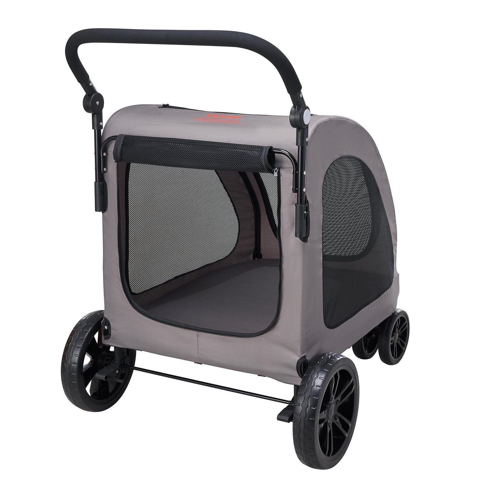 Pet stroller with gray exterior and black wheels on a white background