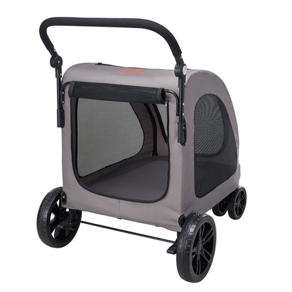 Pet stroller with gray exterior and black wheels on a white background
