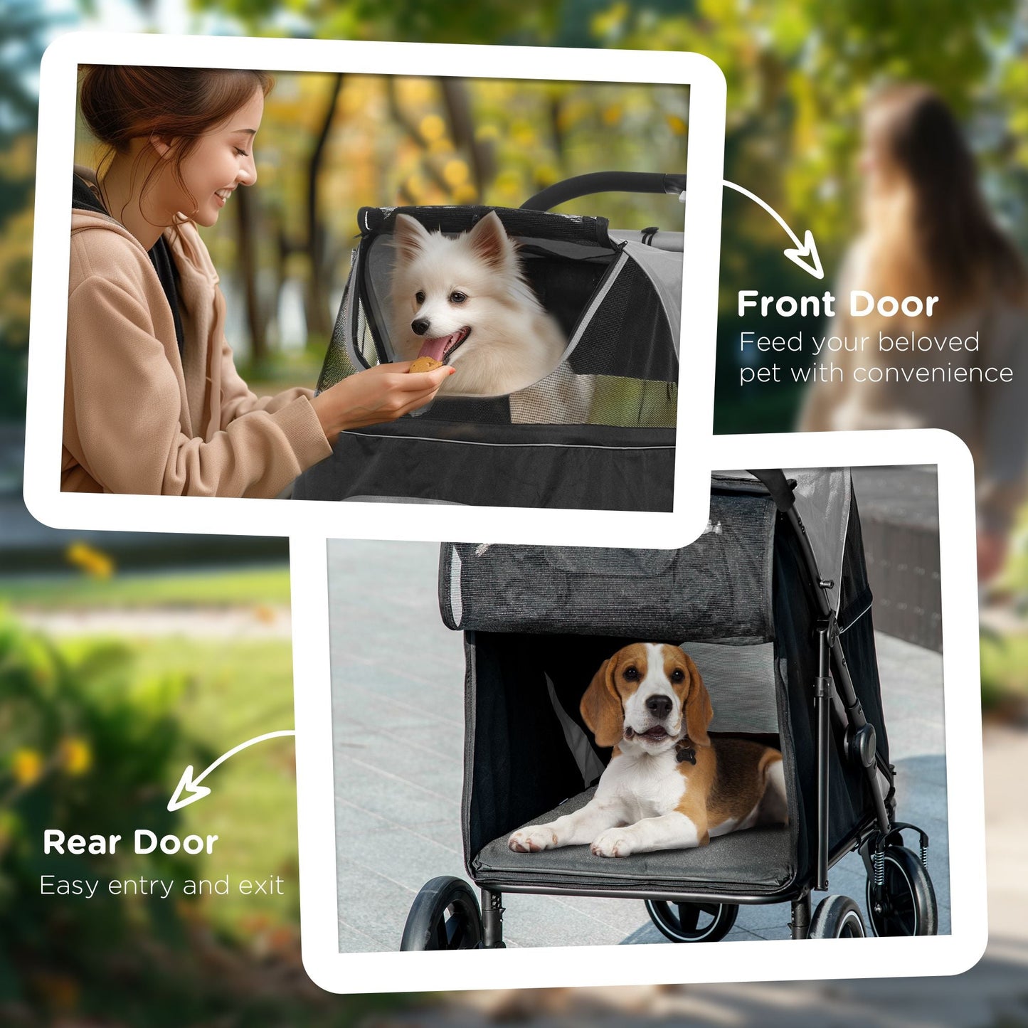 Pet stroller with front and rear doors, showing a dog inside, with a blurred outdoor background.
